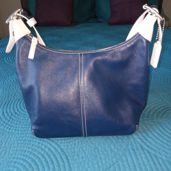 Coach Shoulder Crossbody Bag Adjustable Strap Navy & White Leather Excellent - Picture 4 of 12
